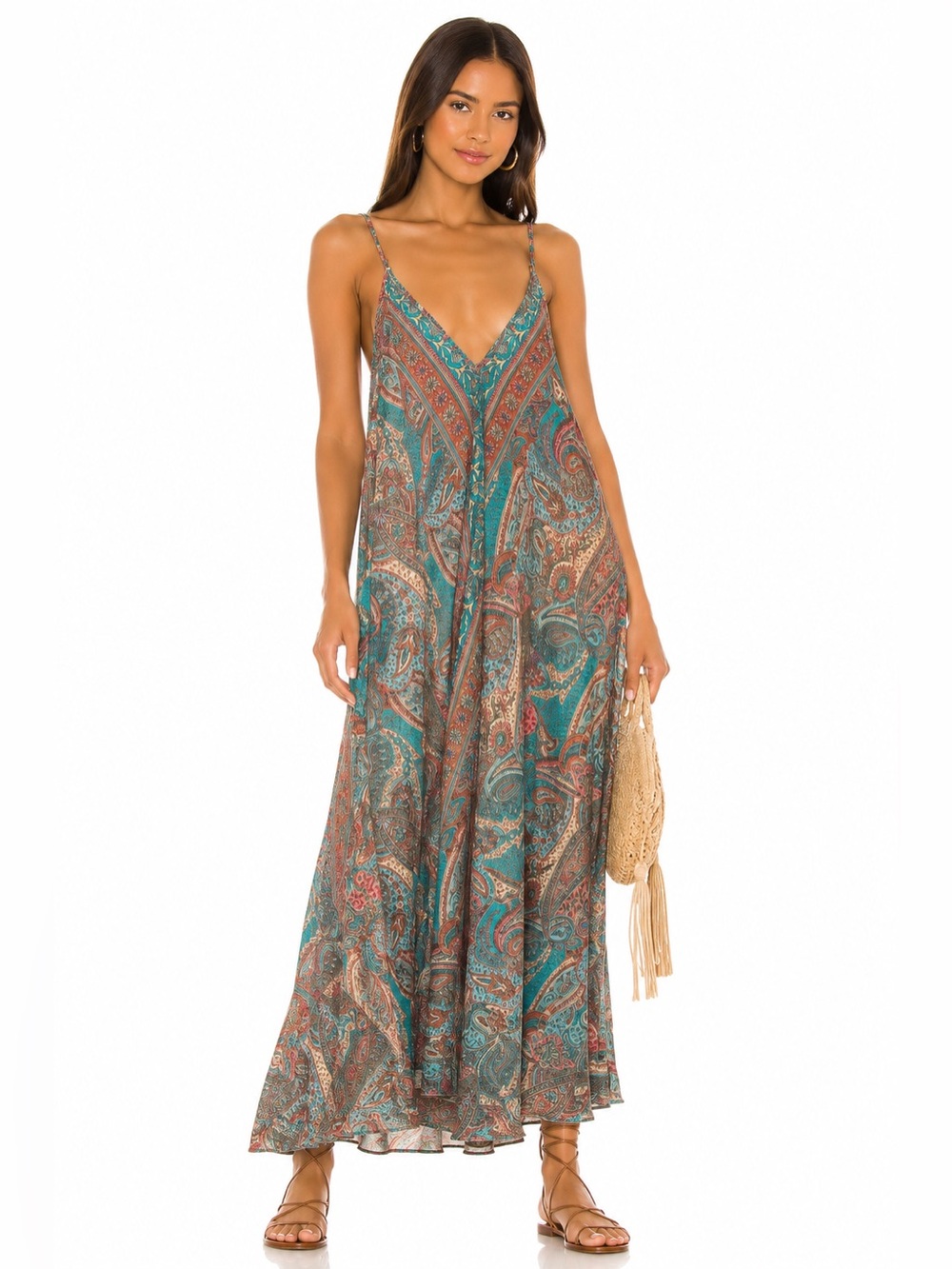 Karma Highway Boho Paisley Aqua Blue Pink Floral Maxi Slip Dress One Size